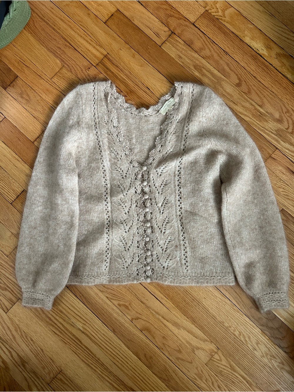Sezane Soft Lace-Front Knit Sweater in Light Taupe